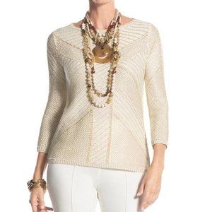 Chico's‎ 3 Gold Metallic Mix White Stretch Knit Sienna Pullover Sweater XL 16 18